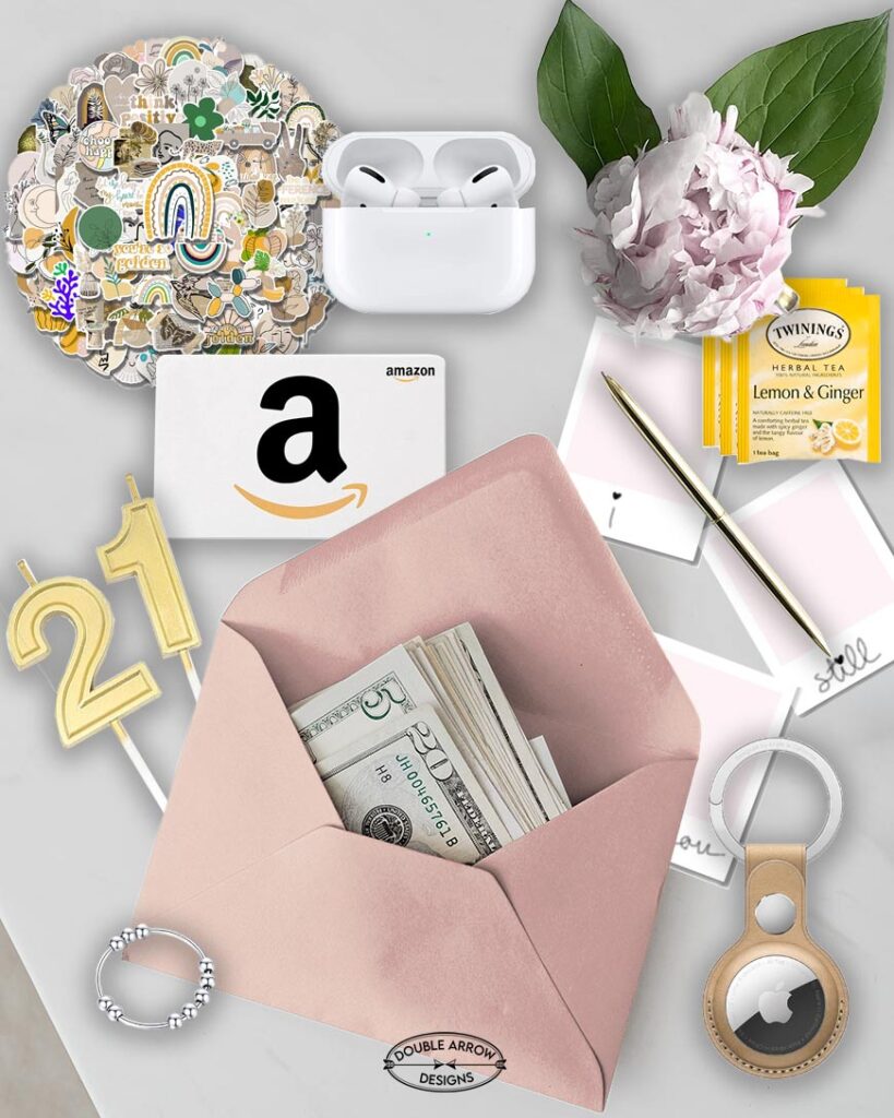 gift ideas for open when envelopes including gift cards, money, candles, stickers, tea, film, money in an envelope