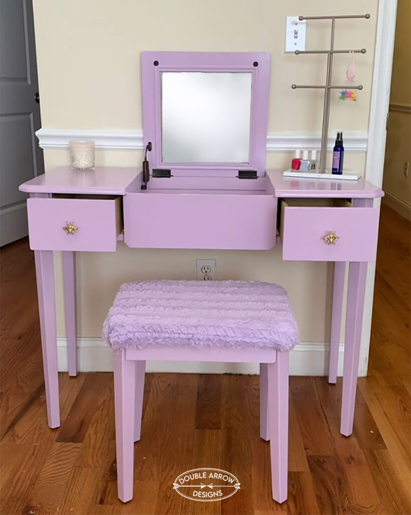 final painted desk in lavender with upholstered lavender faux fur bench