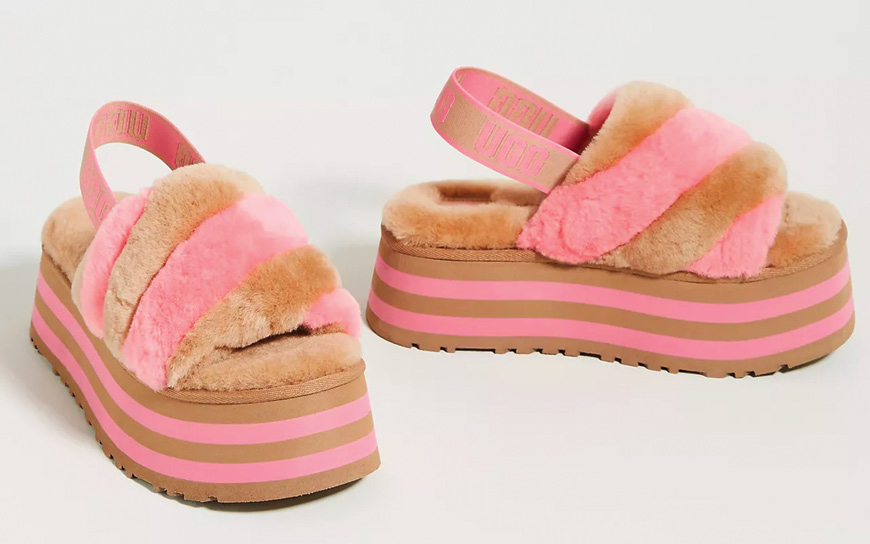 disco platform slippers in tan and pink with slingback elastic