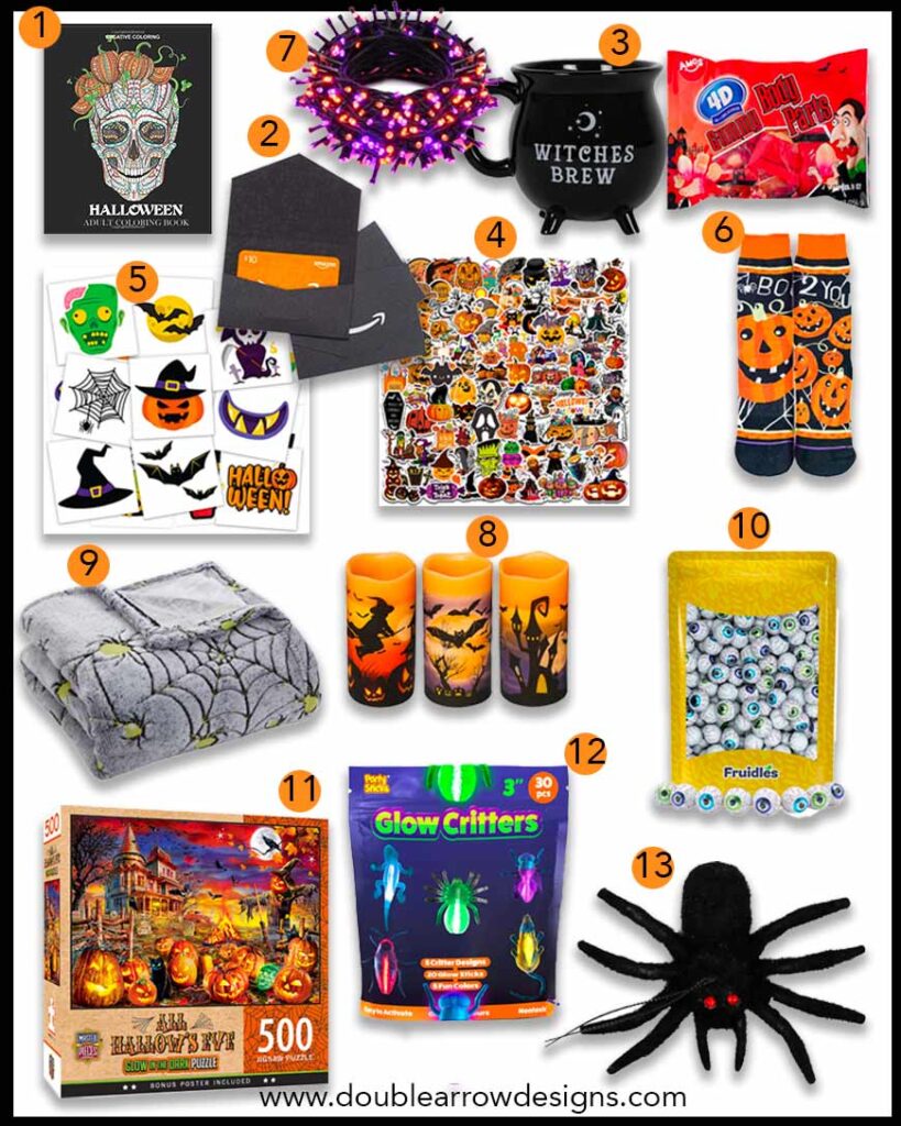 13 halloween gift ideas showing coloring book, lights, mug,candy socks,blanket,candles,puzzle decorations