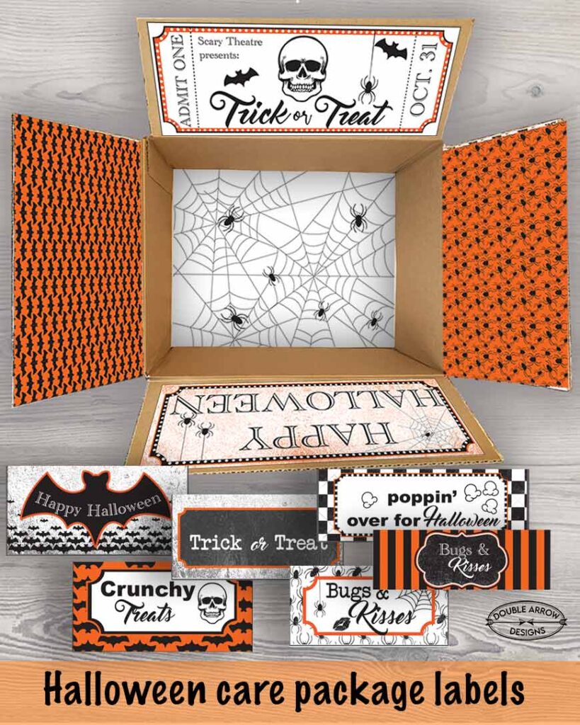 trick or treat and happy halloween care package labels with spiders and bat prints for flaps.