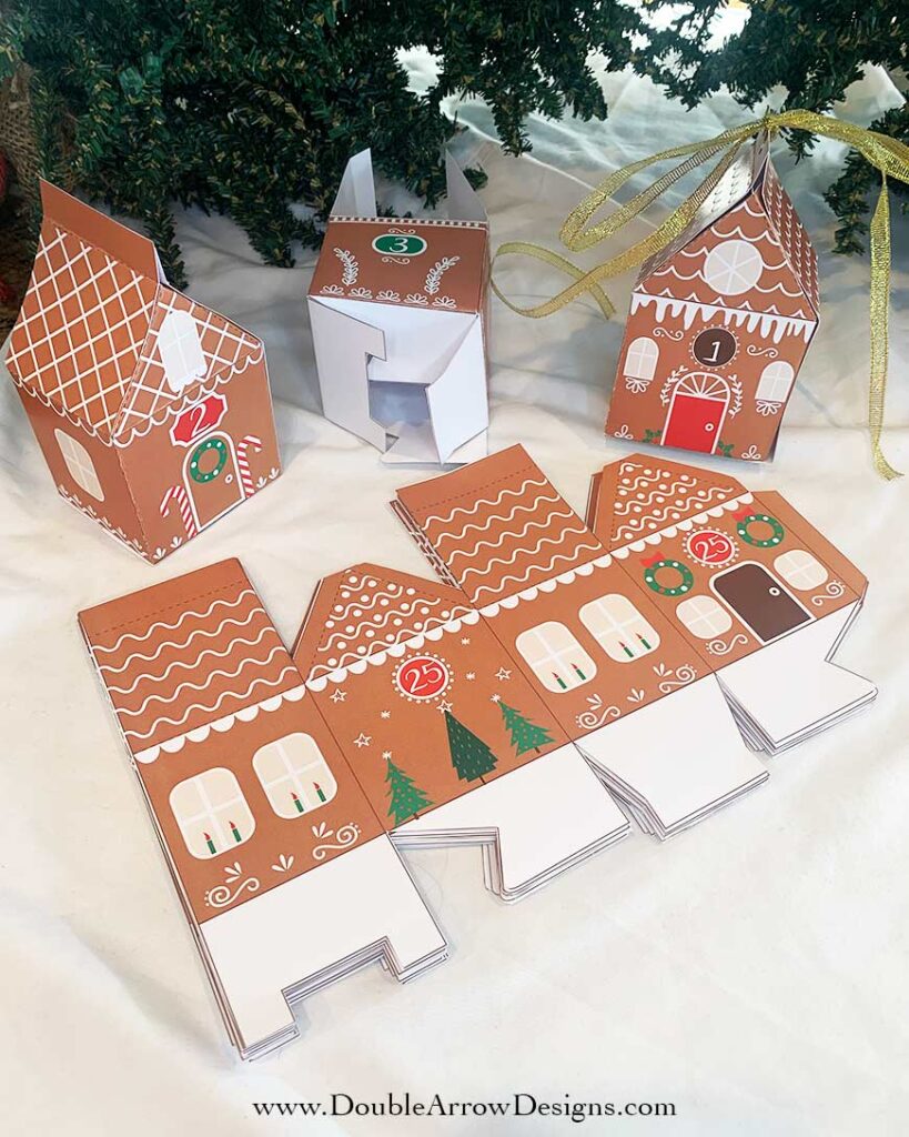 diy advent gingerbread houses under the tree, showing houses in steps to construct them.