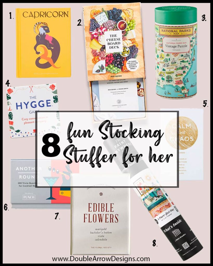 8 Fun Stocking Stuffers For Her just for fun. Showing games, books and puzzles.