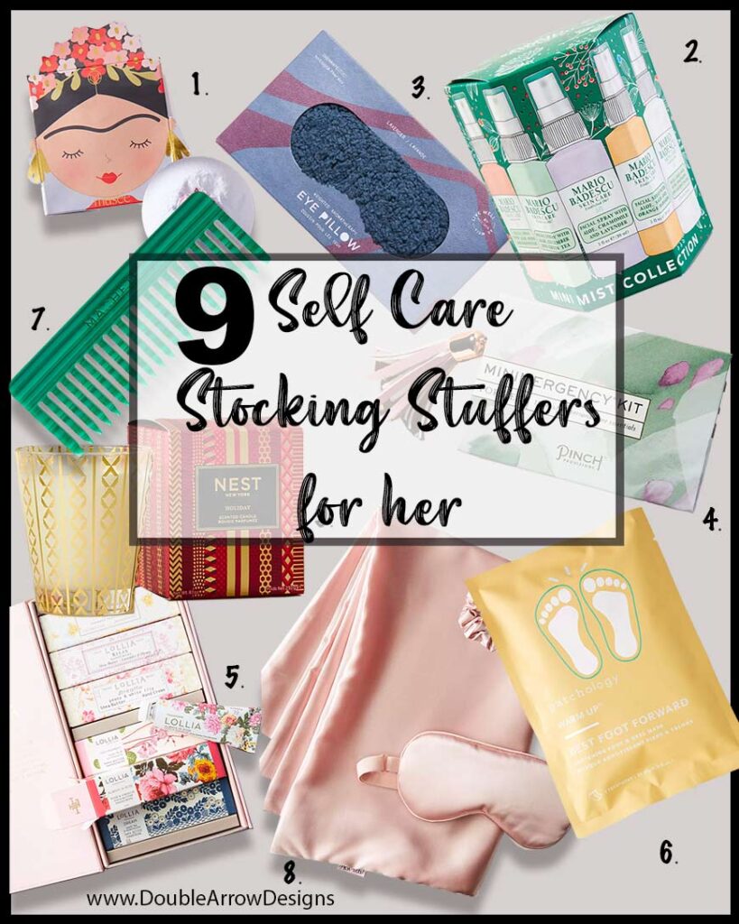9 self care Stocking Stuffers For Her.
Showing bath bomb,eye ask, candle, comb, foot pads, hand cream