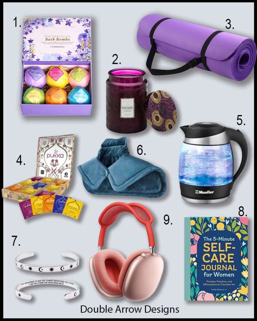 9 self care items that can help. bath bombs, candle, yoga mat, heated neck pad, tea, electric kettle. bracelet, self care jurnal and headphones.