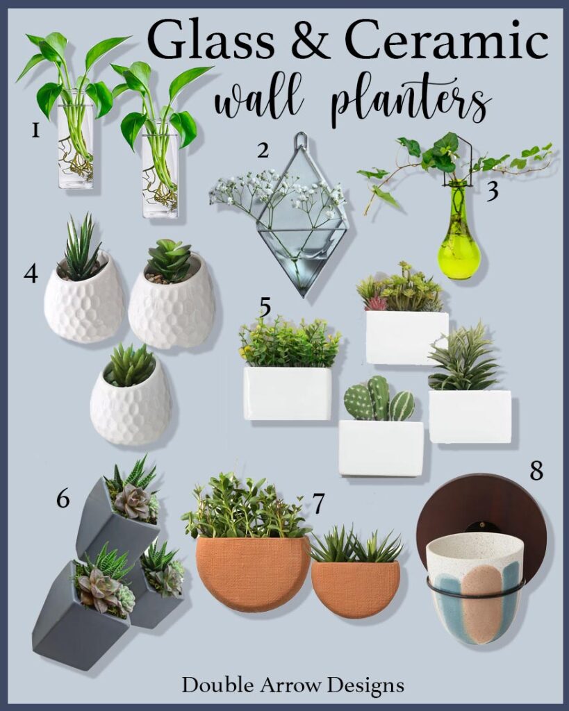 a variety of glass and ceramic wall planters, wall sconces for planrs.