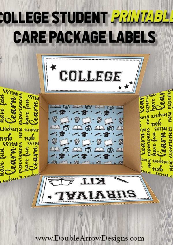 student care package labels read: college survival kit with additional graphics for other flaps