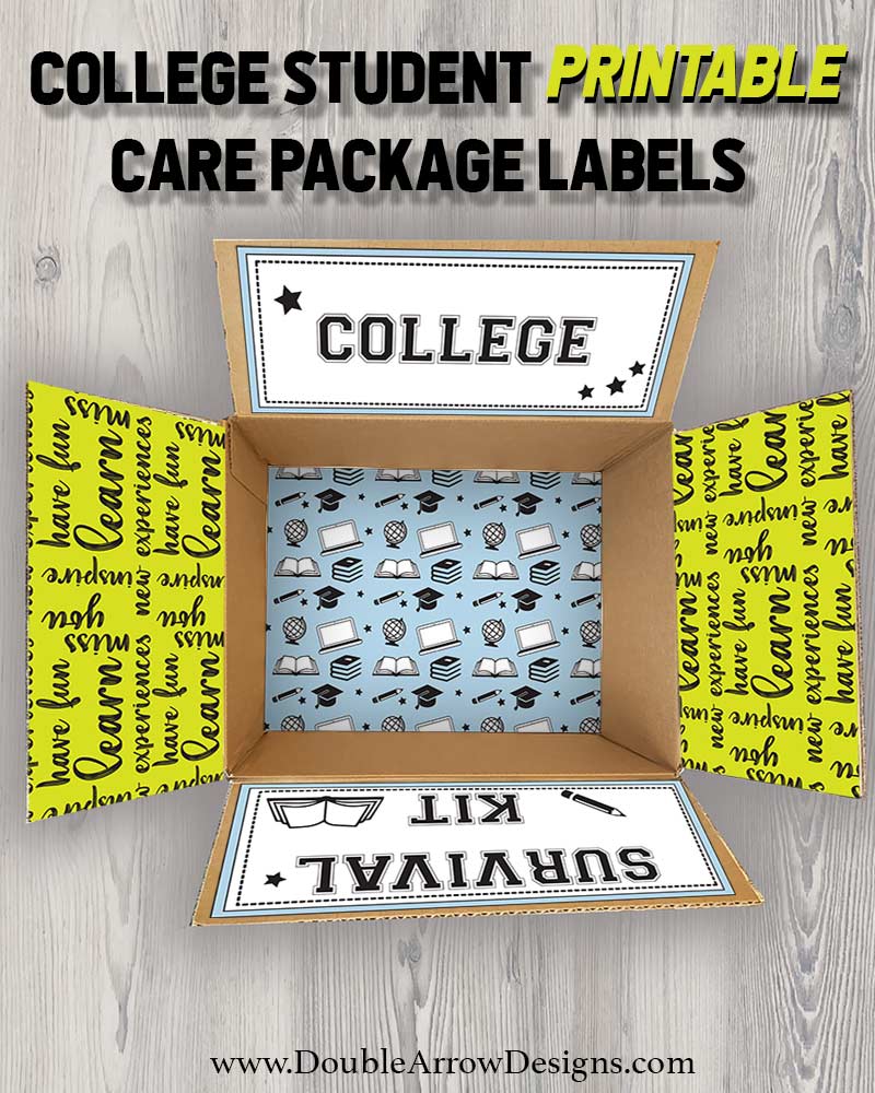 student care package labels read: college survival kit with additional graphics for other flaps