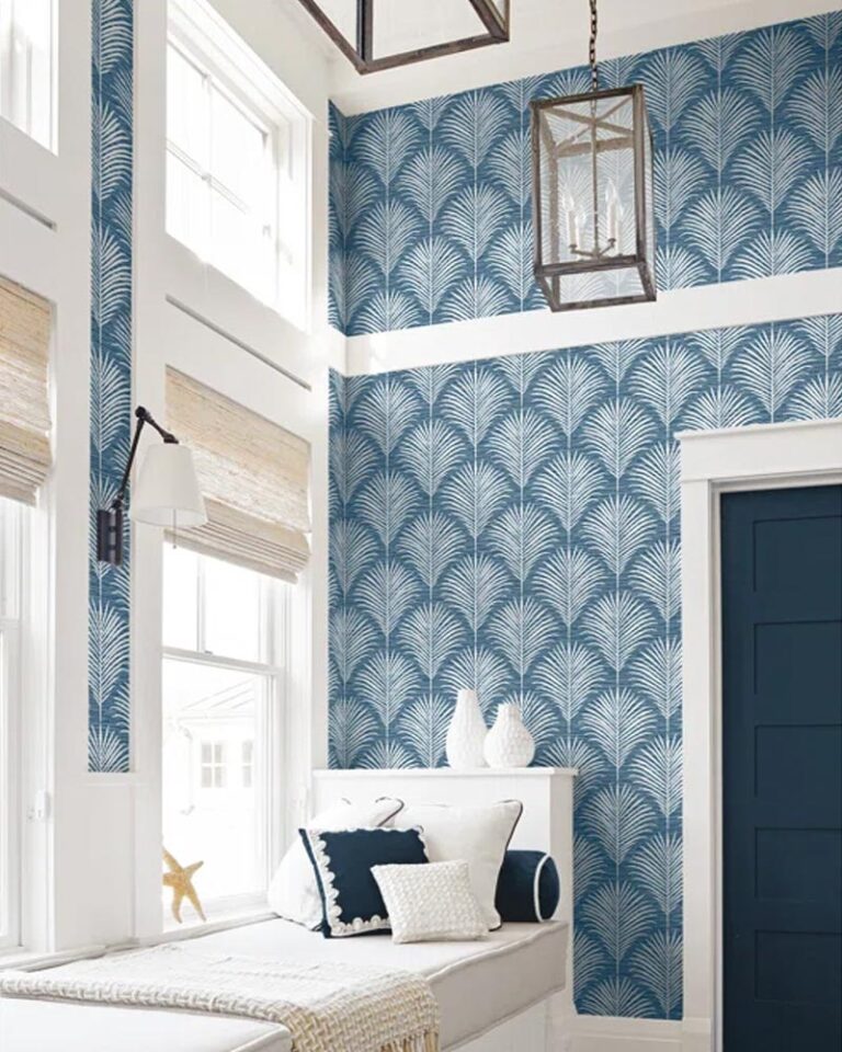 peel and stik wallpaper blue and white feather motif in a beach interior
