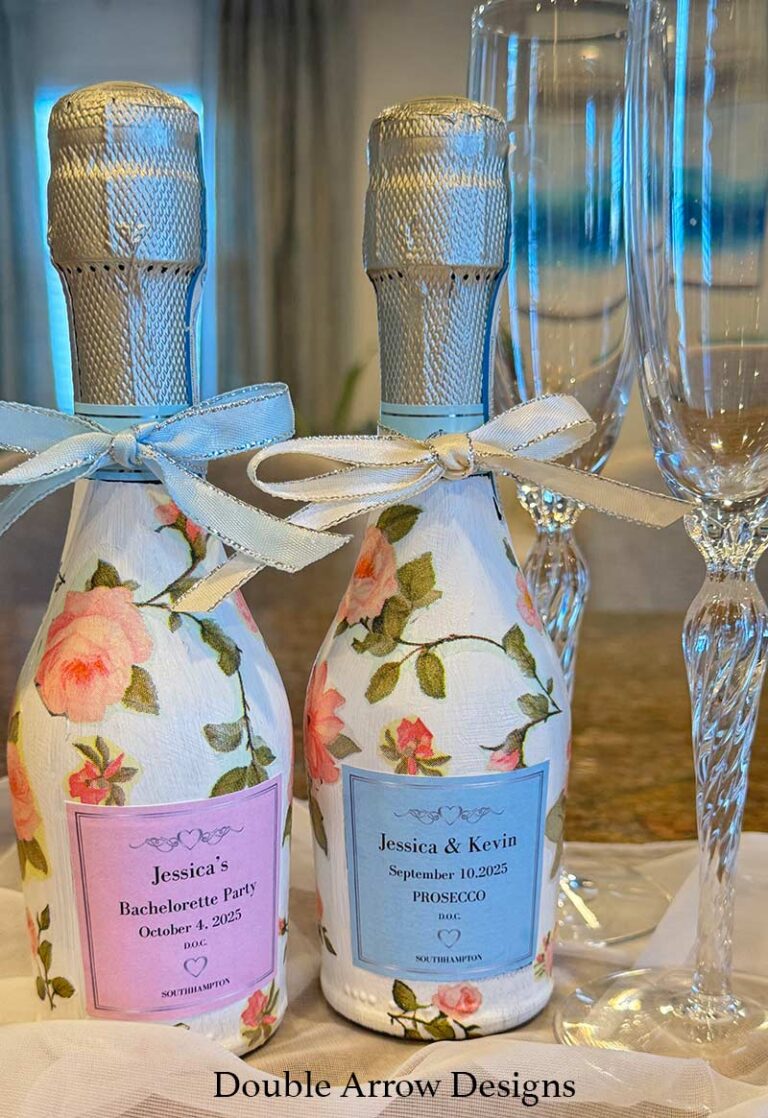 Personalized Champagne Bottles decoupage flowers and custom labels