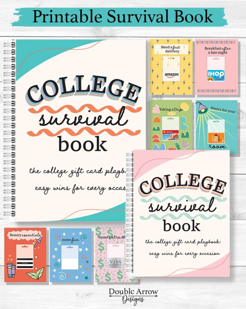 printable college survival book in two sizes showing gift card pages