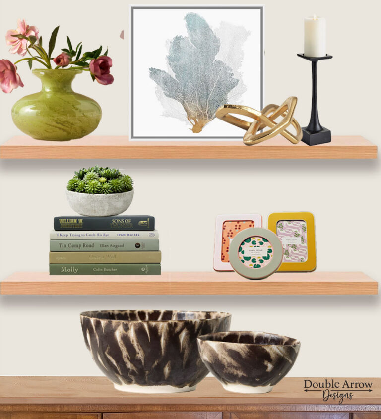 floating shelves with vase, framed print, gold abstract sculpture, candlestick, stack of books, faux succulent, 3 small frames and a bowl on the bottom shelf