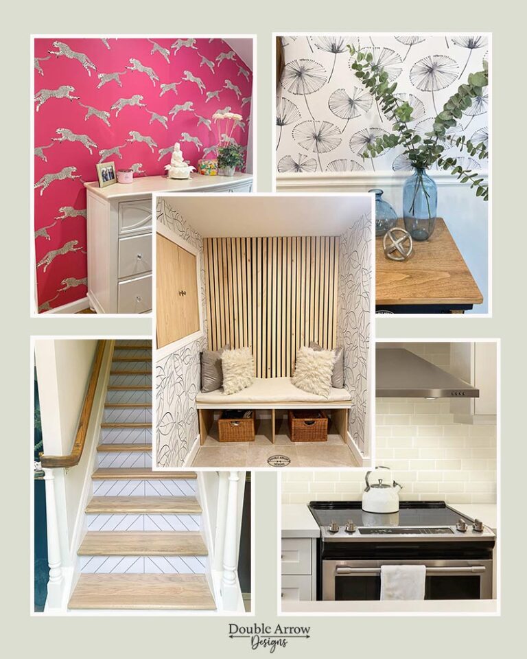 5 peel and stick wallpaper projects shown, accent walls for bedroom, diningroom, alcove area, stair risers and kitchen