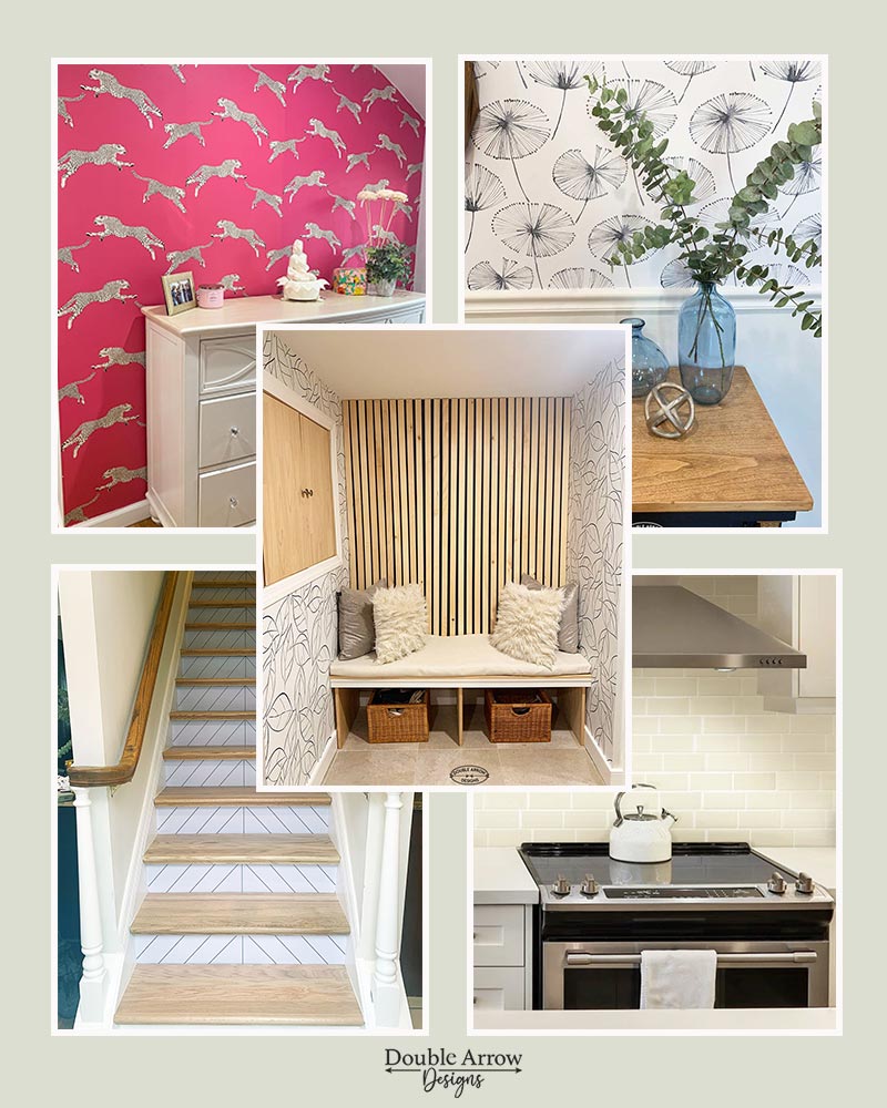 5 peel and stick wallpaper projects. one bedroom pink and leopard printed wallpaper, blue-grey-dandelion print in diningroom, 1 slat wall alcove with blue and white leaf wallpaper, self adhesive subway tile for kitchen