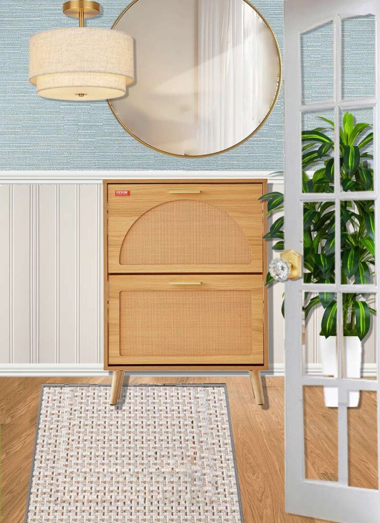 small entryway makeover with mirror, shoe cabinet, overhead light, plant, rug and door