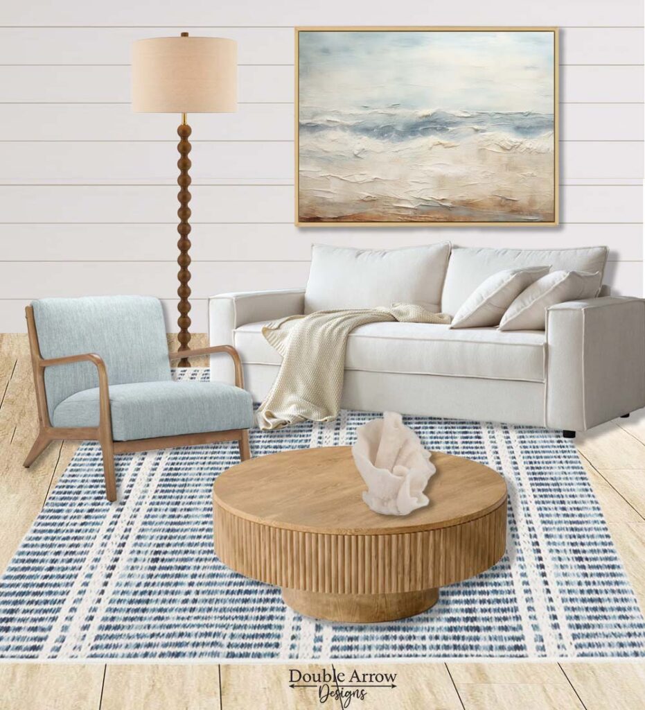 coastal living room with shiplap walls, beige couch with beige throw blanket, abstract coastal painting, blue and wood chair and cream and blue rug