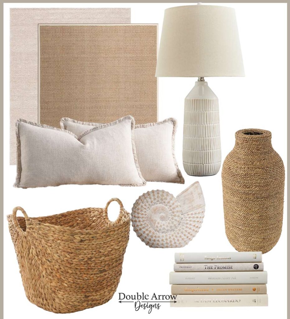 neutral coastal decor with jute and wool rugs, ceramic vase, rattan baskets, seashell statue, book stack all in neutral colors