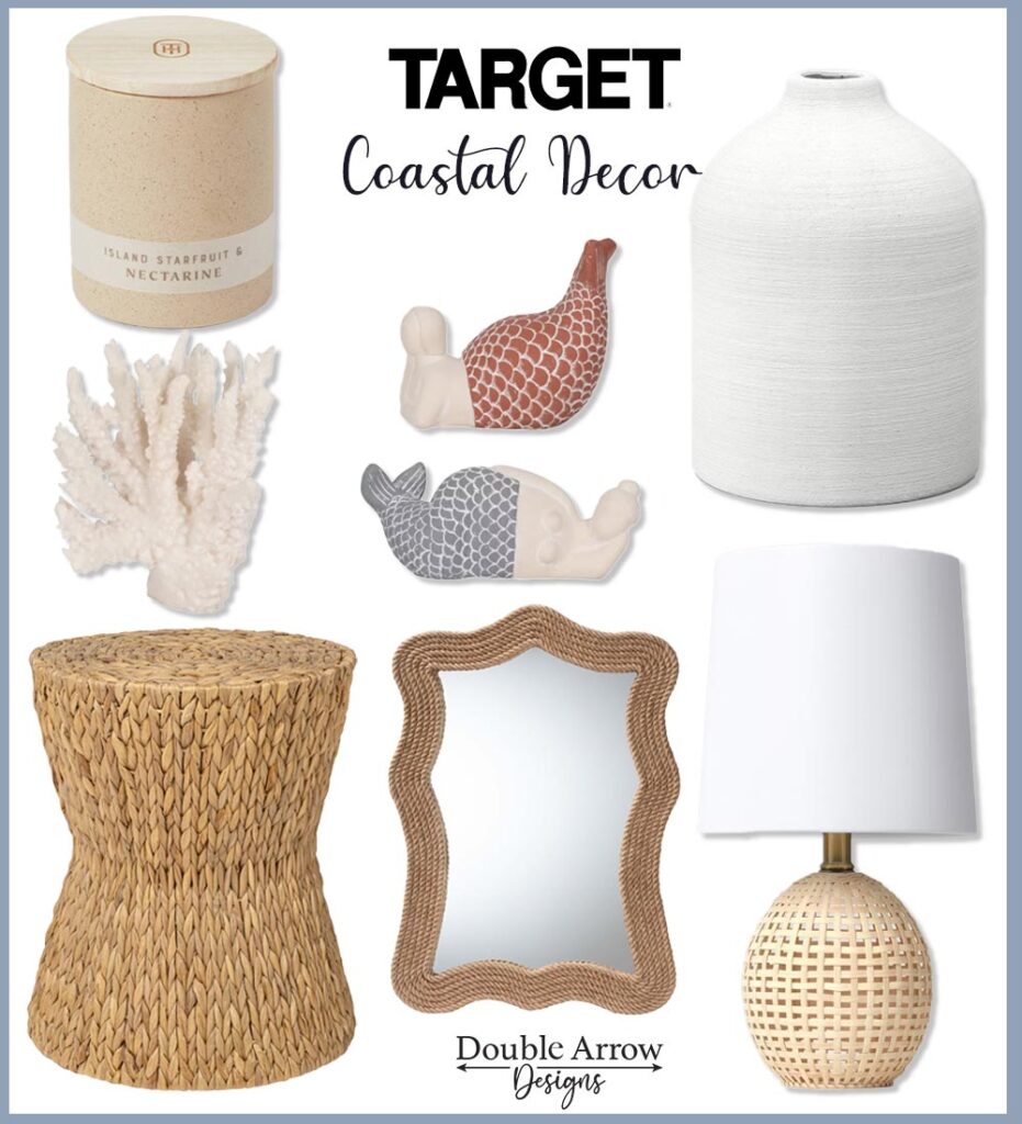 target coastal home decor, candle, coral, round rattan table, mermaid statues, mirror, ceramic vase, rattan based table lamp