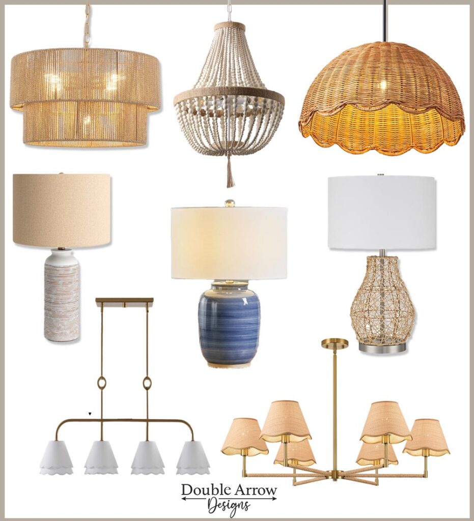 8 coastal lighting, 6 pendent lights 3 table lamps
