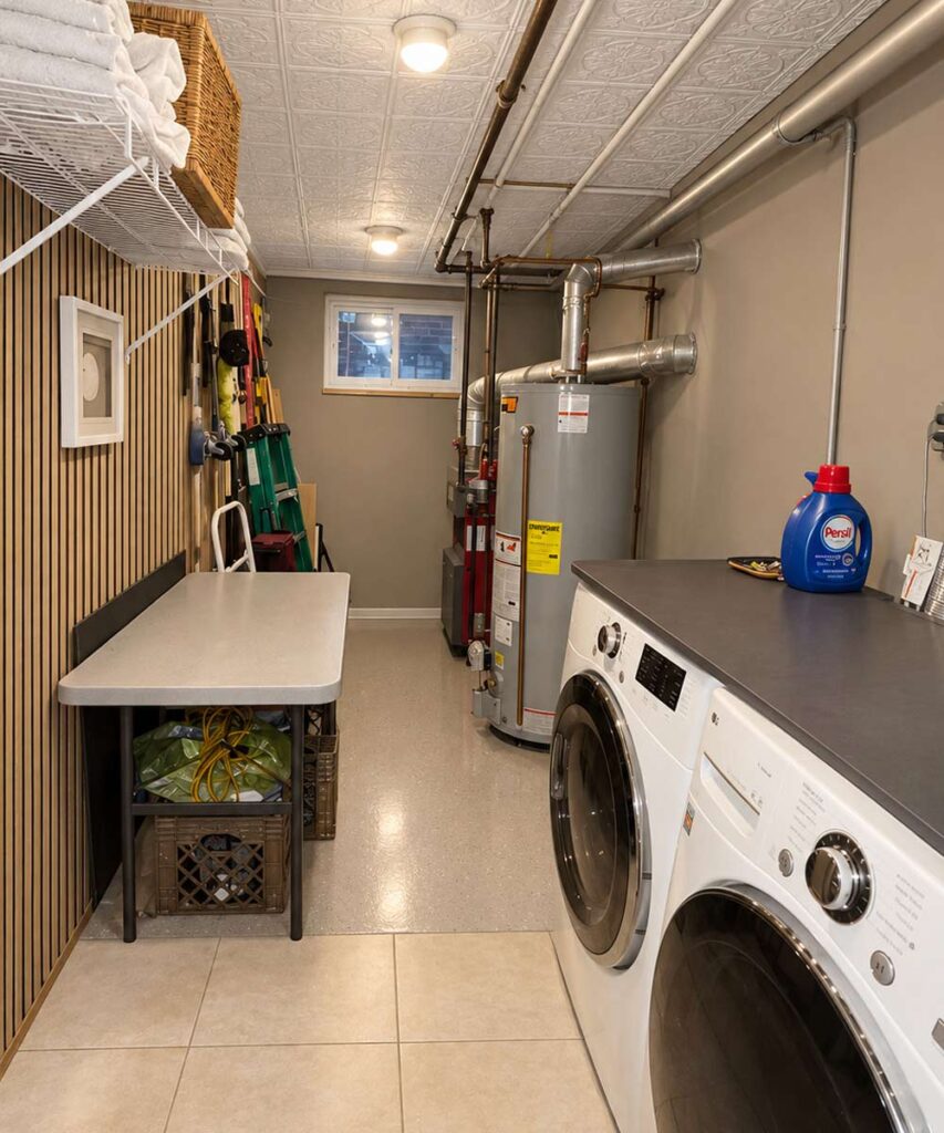 AI generated design concept showing my planned finished basement laundry room makeover.